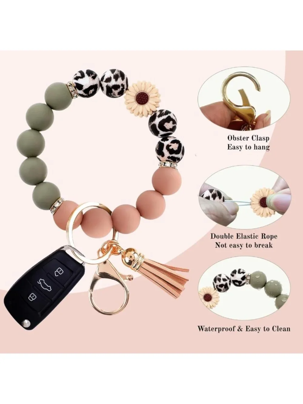 Cute Silicone Beaded Key Ring & Bracelet Set - Stylish Wristlet for Women